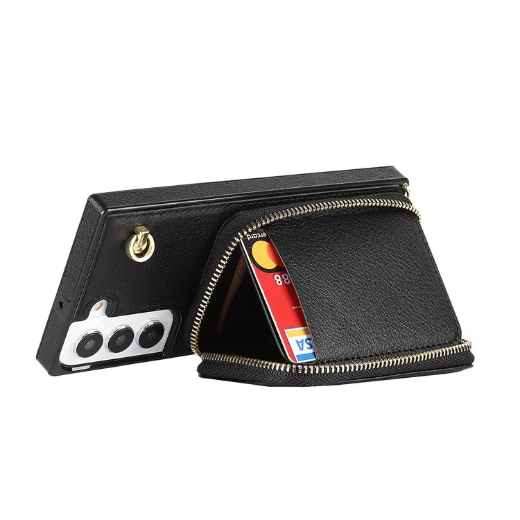 For Samsung Galaxy S22 5G Cell Phone Case Anti-drop TPU+PU Wallet Cover with Long Strap