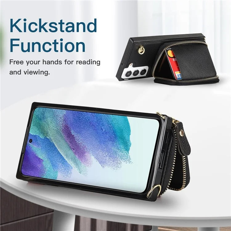 For Samsung Galaxy S22 5G Cell Phone Case Anti-drop TPU+PU Wallet Cover with Long Strap
