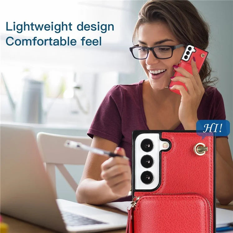 For Samsung Galaxy S22 5G Cell Phone Case Anti-drop TPU+PU Wallet Cover with Long Strap