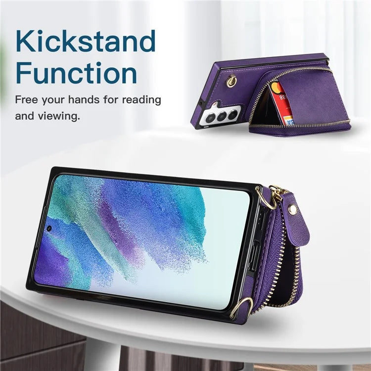 For Samsung Galaxy S22 5G Cell Phone Case Anti-drop TPU+PU Wallet Cover with Long Strap