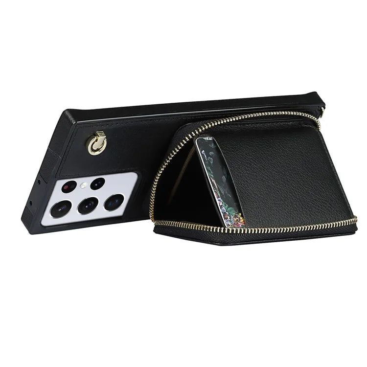 For Samsung Galaxy S21 Ultra 5G Cell Phone Case TPU+PU Wallet Cover with Long Strap