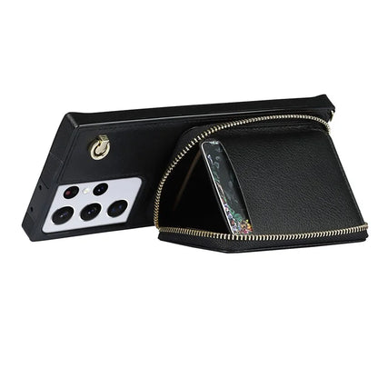 For Samsung Galaxy S21 Ultra 5G Cell Phone Case TPU+PU Wallet Cover with Long Strap