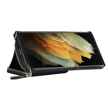 For Samsung Galaxy S21 Ultra 5G Cell Phone Case TPU+PU Wallet Cover with Long Strap