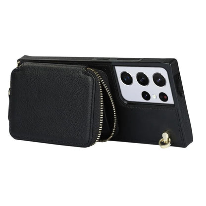 For Samsung Galaxy S21 Ultra 5G Cell Phone Case TPU+PU Wallet Cover with Long Strap