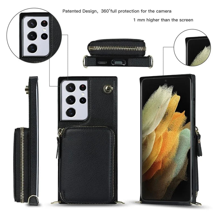 For Samsung Galaxy S21 Ultra 5G Cell Phone Case TPU+PU Wallet Cover with Long Strap