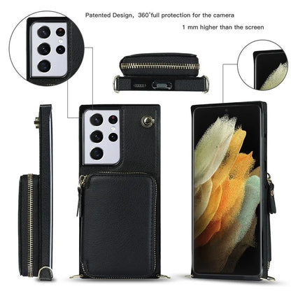 For Samsung Galaxy S21 Ultra 5G Cell Phone Case TPU+PU Wallet Cover with Long Strap