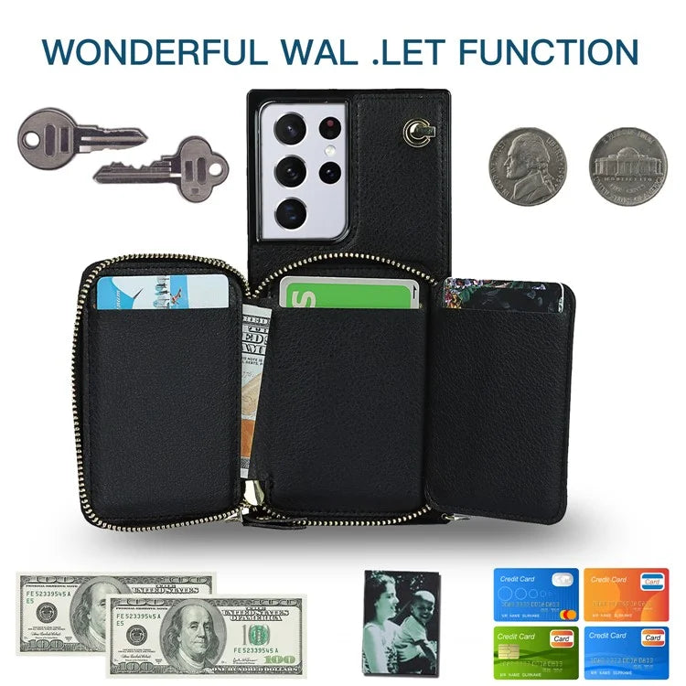 For Samsung Galaxy S21 Ultra 5G Cell Phone Case TPU+PU Wallet Cover with Long Strap