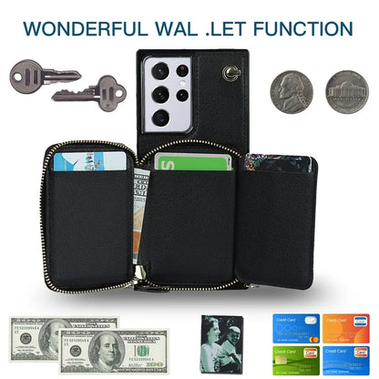 For Samsung Galaxy S21 Ultra 5G Cell Phone Case TPU+PU Wallet Cover with Long Strap