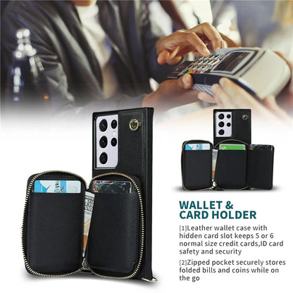 For Samsung Galaxy S21 Ultra 5G Cell Phone Case TPU+PU Wallet Cover with Long Strap