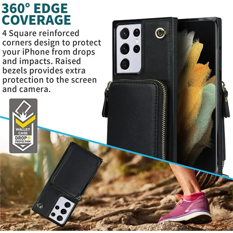 For Samsung Galaxy S21 Ultra 5G Cell Phone Case TPU+PU Wallet Cover with Long Strap