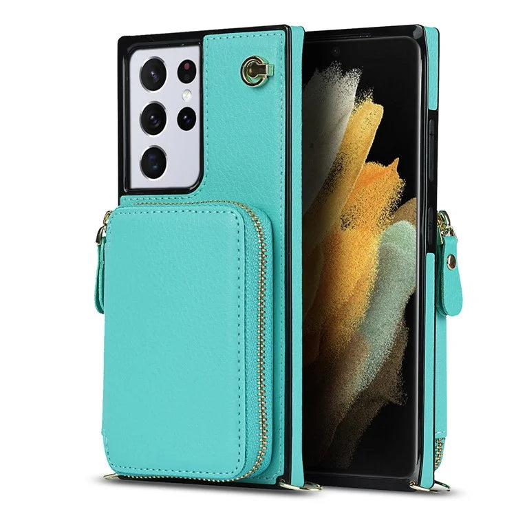 For Samsung Galaxy S21 Ultra 5G Cell Phone Case TPU+PU Wallet Cover with Long Strap