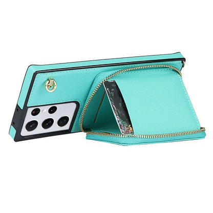 For Samsung Galaxy S21 Ultra 5G Cell Phone Case TPU+PU Wallet Cover with Long Strap