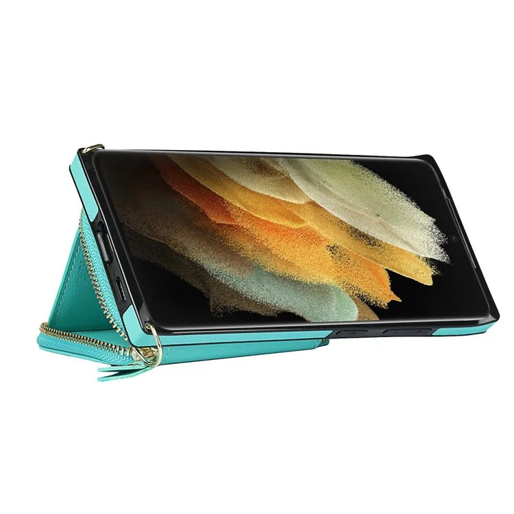 For Samsung Galaxy S21 Ultra 5G Cell Phone Case TPU+PU Wallet Cover with Long Strap