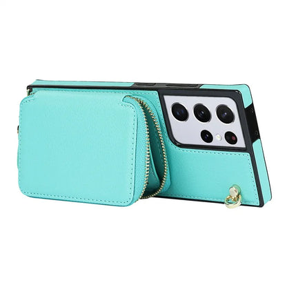 For Samsung Galaxy S21 Ultra 5G Cell Phone Case TPU+PU Wallet Cover with Long Strap
