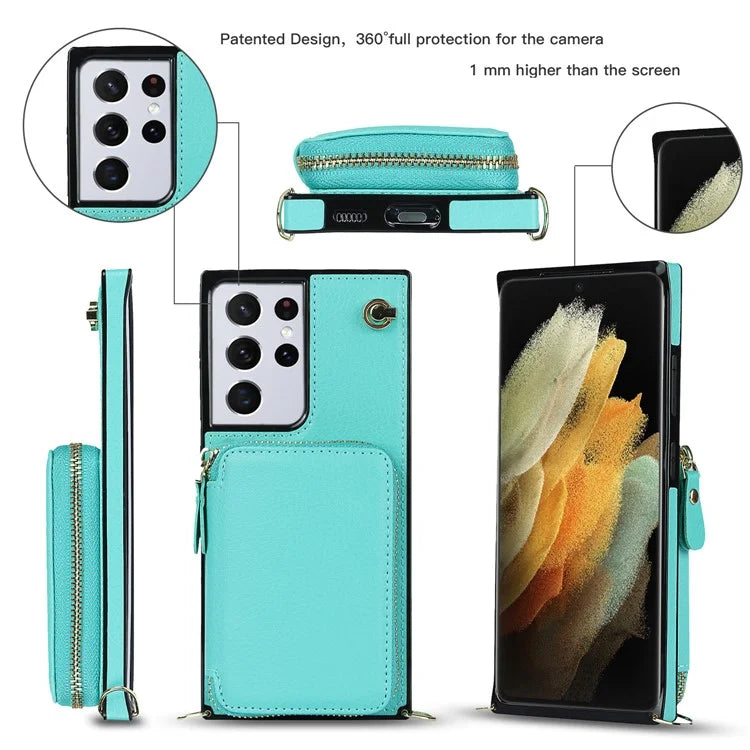 For Samsung Galaxy S21 Ultra 5G Cell Phone Case TPU+PU Wallet Cover with Long Strap