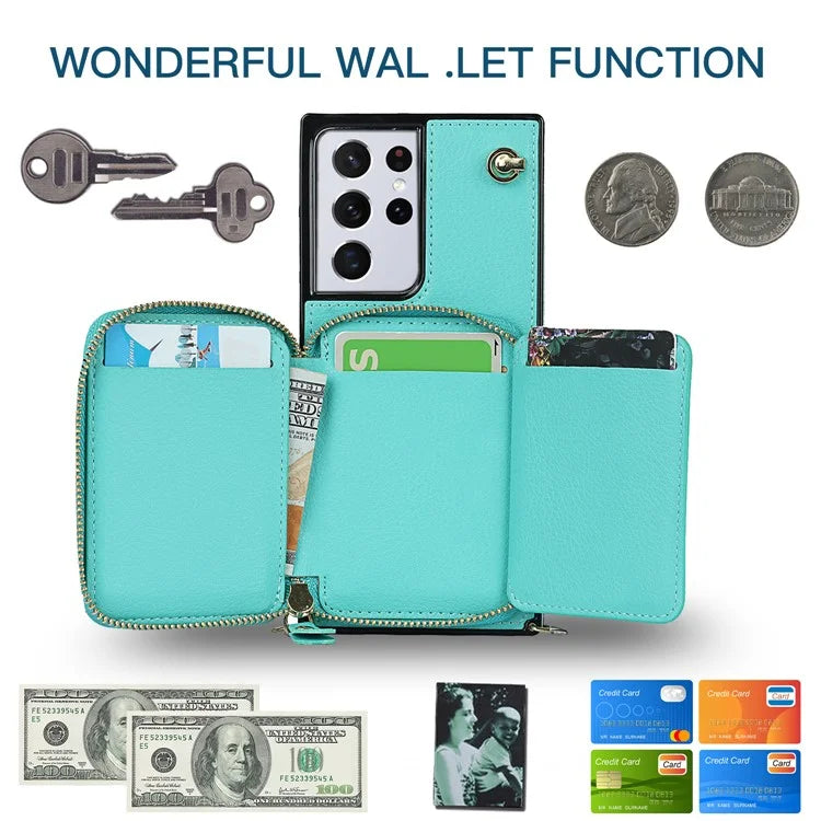 For Samsung Galaxy S21 Ultra 5G Cell Phone Case TPU+PU Wallet Cover with Long Strap