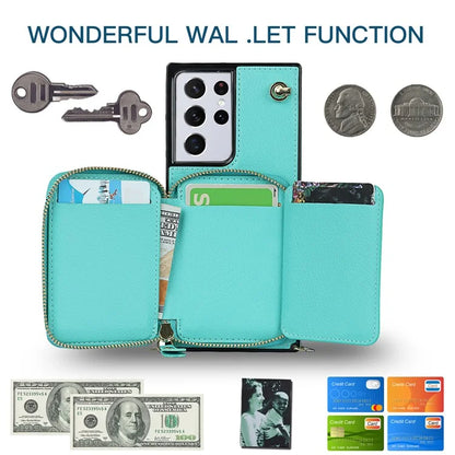 For Samsung Galaxy S21 Ultra 5G Cell Phone Case TPU+PU Wallet Cover with Long Strap