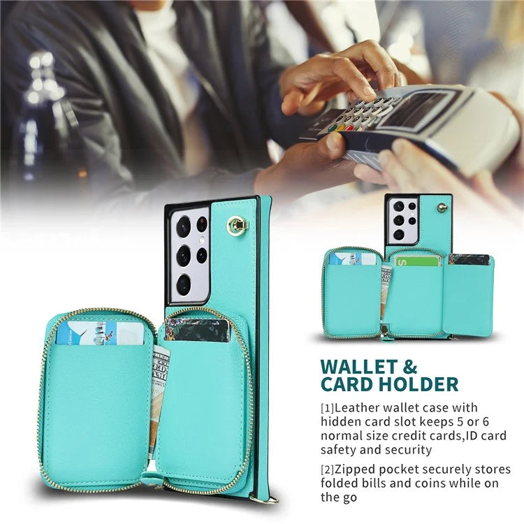 For Samsung Galaxy S21 Ultra 5G Cell Phone Case TPU+PU Wallet Cover with Long Strap
