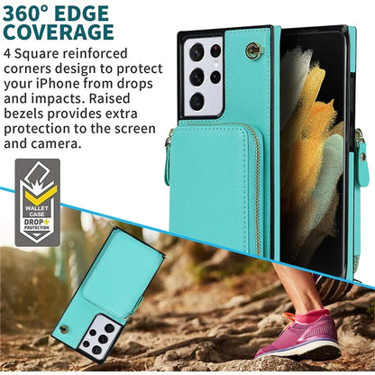 For Samsung Galaxy S21 Ultra 5G Cell Phone Case TPU+PU Wallet Cover with Long Strap