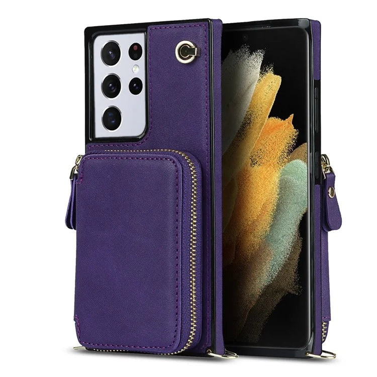 For Samsung Galaxy S21 Ultra 5G Cell Phone Case TPU+PU Wallet Cover with Long Strap