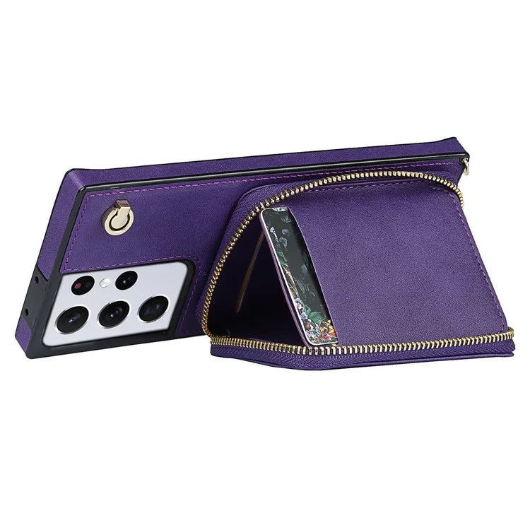 For Samsung Galaxy S21 Ultra 5G Cell Phone Case TPU+PU Wallet Cover with Long Strap