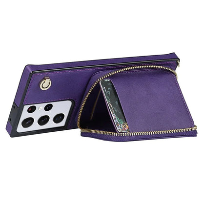 For Samsung Galaxy S21 Ultra 5G Cell Phone Case TPU+PU Wallet Cover with Long Strap