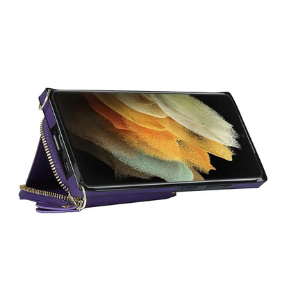 For Samsung Galaxy S21 Ultra 5G Cell Phone Case TPU+PU Wallet Cover with Long Strap