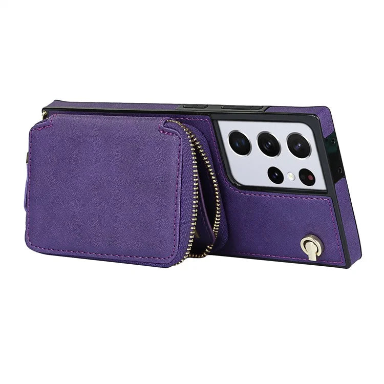 For Samsung Galaxy S21 Ultra 5G Cell Phone Case TPU+PU Wallet Cover with Long Strap