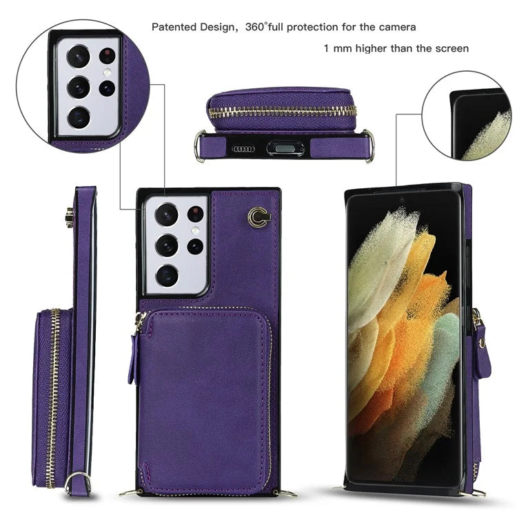 For Samsung Galaxy S21 Ultra 5G Cell Phone Case TPU+PU Wallet Cover with Long Strap