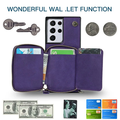For Samsung Galaxy S21 Ultra 5G Cell Phone Case TPU+PU Wallet Cover with Long Strap