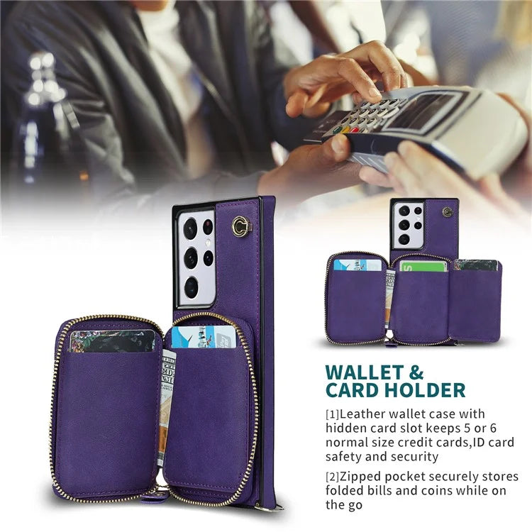 For Samsung Galaxy S21 Ultra 5G Cell Phone Case TPU+PU Wallet Cover with Long Strap