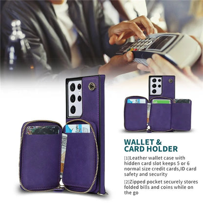 For Samsung Galaxy S21 Ultra 5G Cell Phone Case TPU+PU Wallet Cover with Long Strap