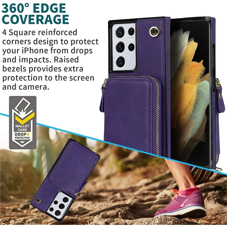 For Samsung Galaxy S21 Ultra 5G Cell Phone Case TPU+PU Wallet Cover with Long Strap