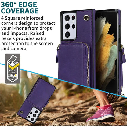 For Samsung Galaxy S21 Ultra 5G Cell Phone Case TPU+PU Wallet Cover with Long Strap