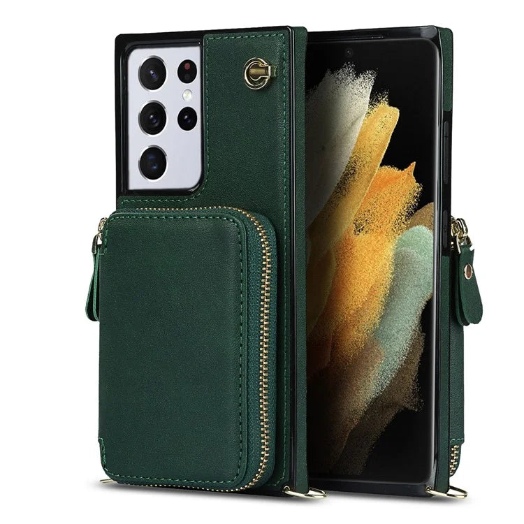 For Samsung Galaxy S21 Ultra 5G Cell Phone Case TPU+PU Wallet Cover with Long Strap