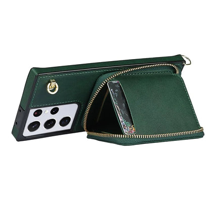 For Samsung Galaxy S21 Ultra 5G Cell Phone Case TPU+PU Wallet Cover with Long Strap