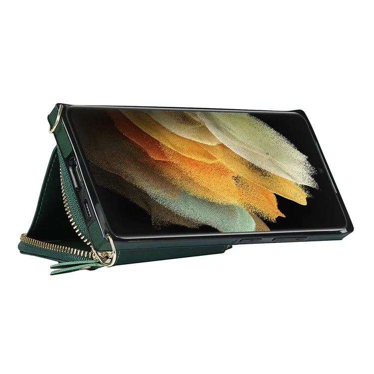 For Samsung Galaxy S21 Ultra 5G Cell Phone Case TPU+PU Wallet Cover with Long Strap