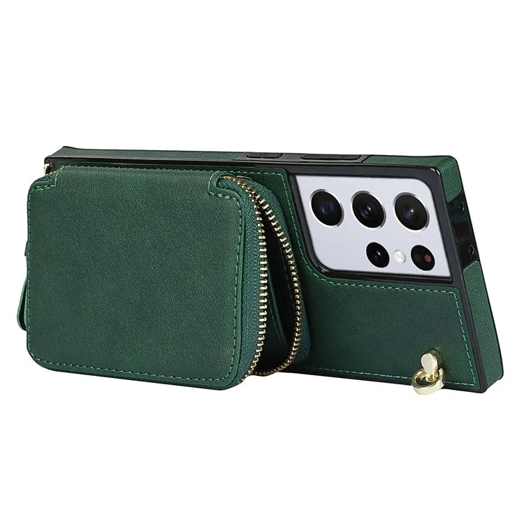 For Samsung Galaxy S21 Ultra 5G Cell Phone Case TPU+PU Wallet Cover with Long Strap