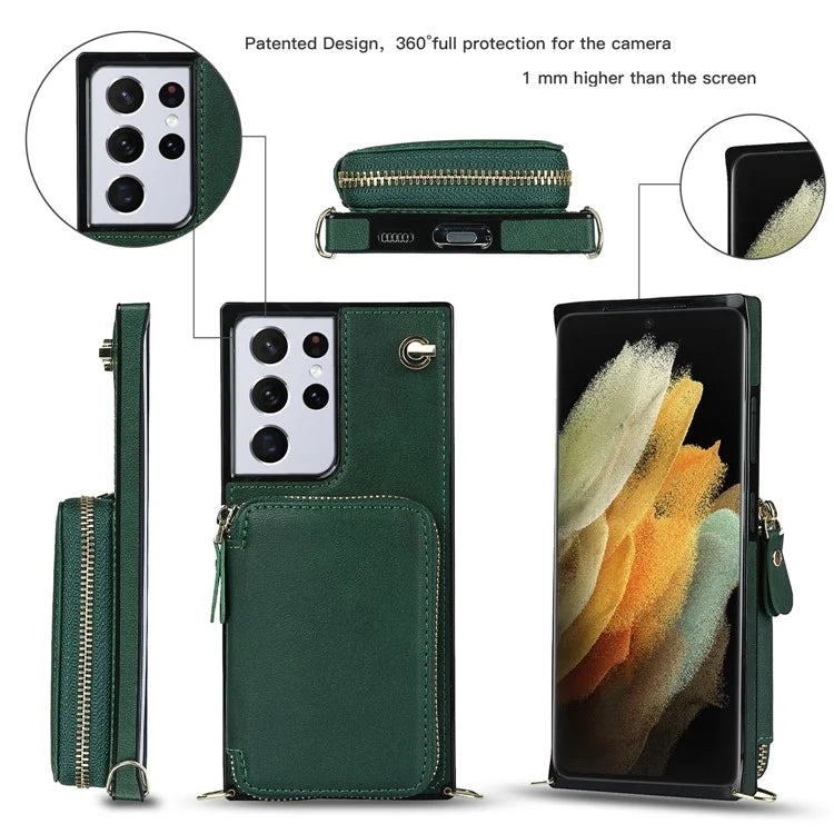 For Samsung Galaxy S21 Ultra 5G Cell Phone Case TPU+PU Wallet Cover with Long Strap