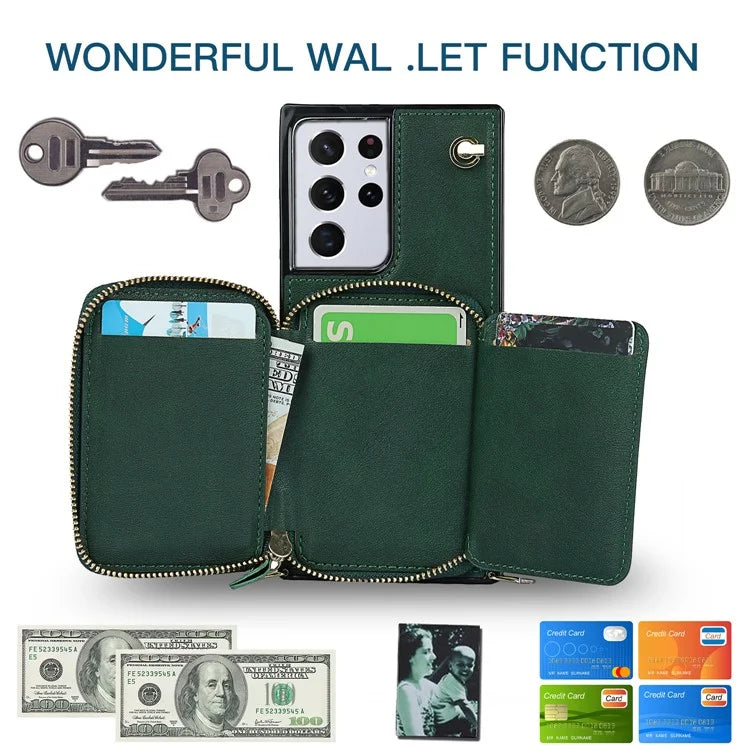 For Samsung Galaxy S21 Ultra 5G Cell Phone Case TPU+PU Wallet Cover with Long Strap