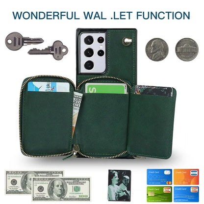 For Samsung Galaxy S21 Ultra 5G Cell Phone Case TPU+PU Wallet Cover with Long Strap