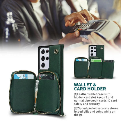 For Samsung Galaxy S21 Ultra 5G Cell Phone Case TPU+PU Wallet Cover with Long Strap