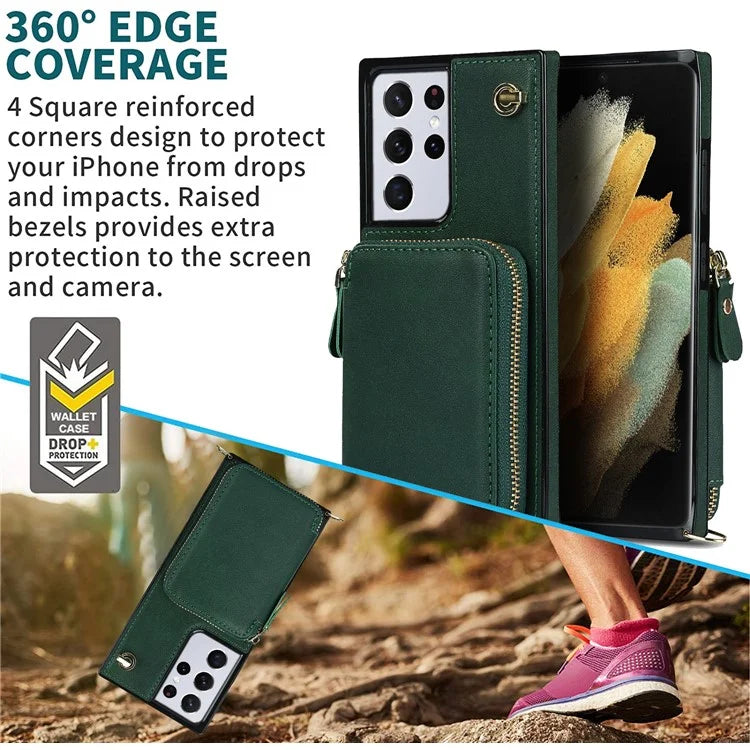 For Samsung Galaxy S21 Ultra 5G Cell Phone Case TPU+PU Wallet Cover with Long Strap