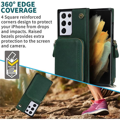 For Samsung Galaxy S21 Ultra 5G Cell Phone Case TPU+PU Wallet Cover with Long Strap