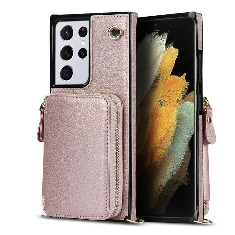 For Samsung Galaxy S21 Ultra 5G Cell Phone Case TPU+PU Wallet Cover with Long Strap