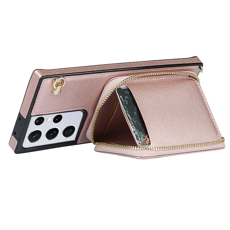 For Samsung Galaxy S21 Ultra 5G Cell Phone Case TPU+PU Wallet Cover with Long Strap
