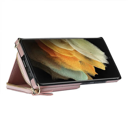 For Samsung Galaxy S21 Ultra 5G Cell Phone Case TPU+PU Wallet Cover with Long Strap
