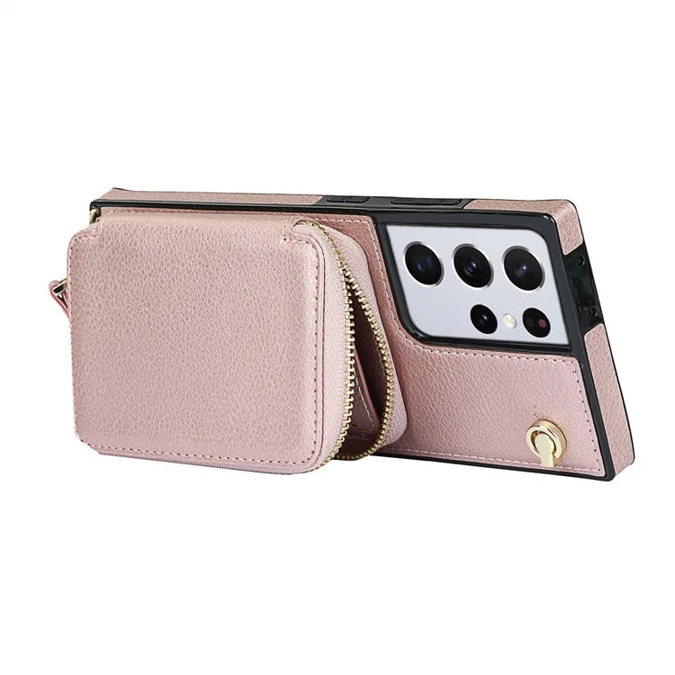 For Samsung Galaxy S21 Ultra 5G Cell Phone Case TPU+PU Wallet Cover with Long Strap