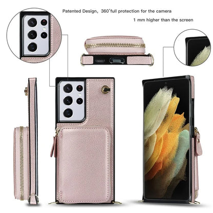 For Samsung Galaxy S21 Ultra 5G Cell Phone Case TPU+PU Wallet Cover with Long Strap