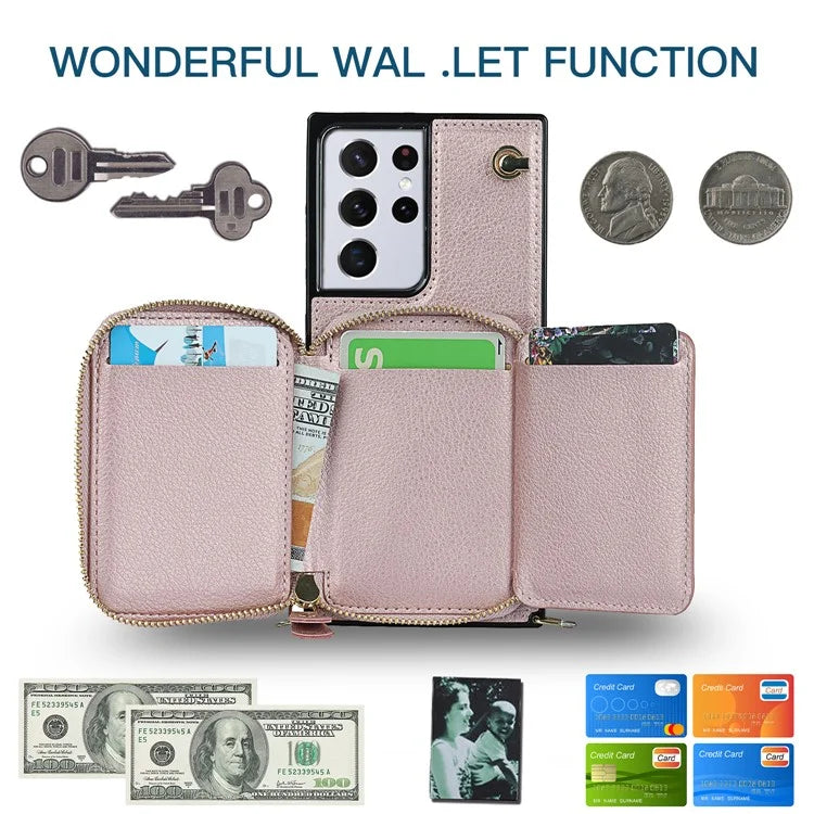 For Samsung Galaxy S21 Ultra 5G Cell Phone Case TPU+PU Wallet Cover with Long Strap